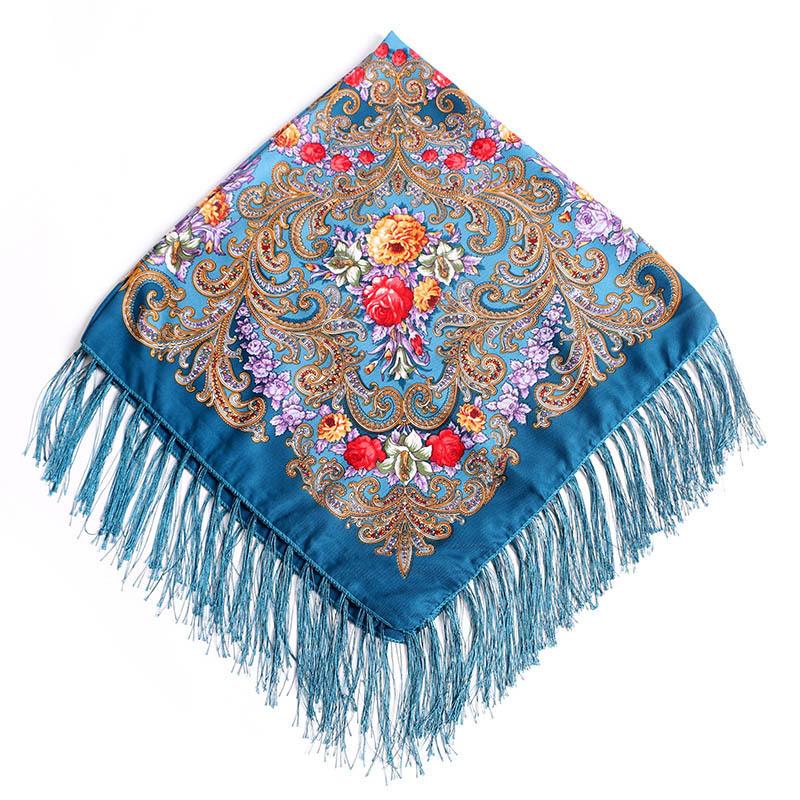 90*90cm Women Russian National Square Scarf Luxury Floral Print Russian Shawls Scarves Female Retro Fringed Foulard Wraps