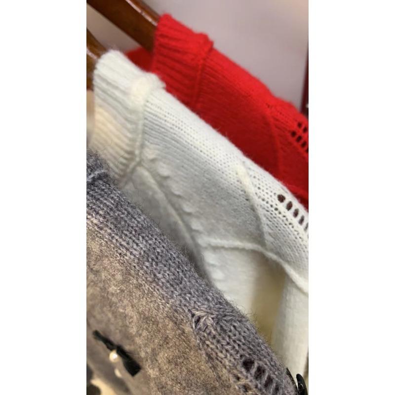 Women's Autumn and Winter Round Neck Pearl Bow Knitted Cardigan Jumper