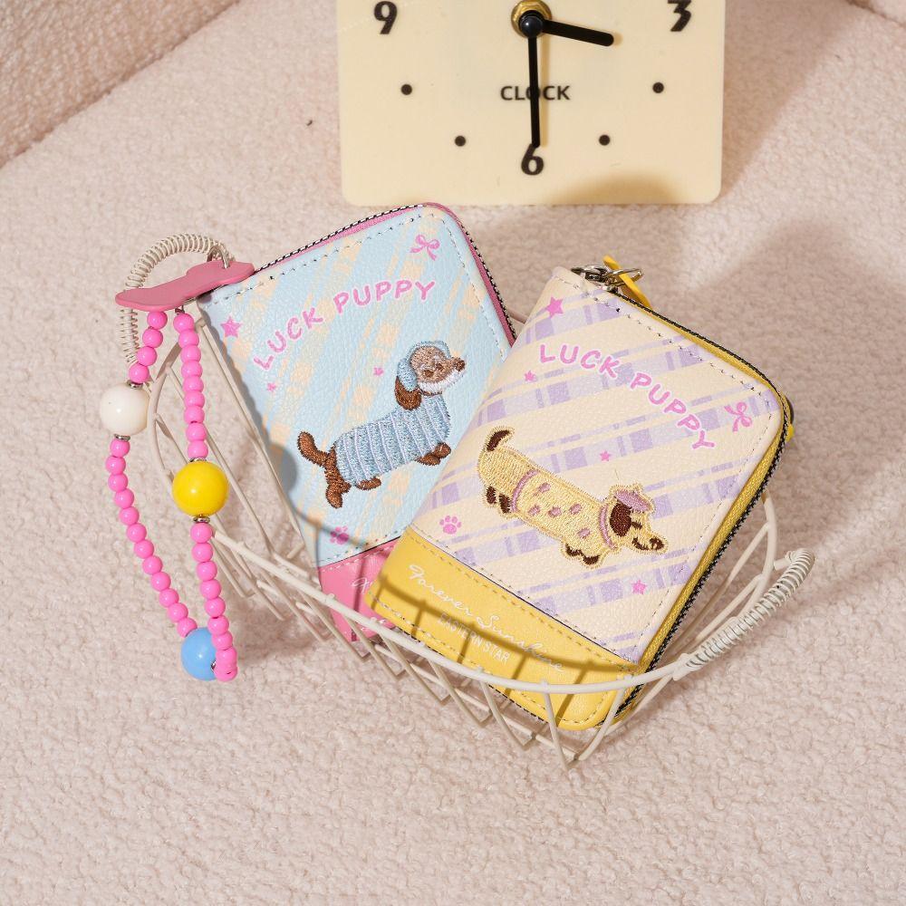 Portable Embroidery Dachshund Dog Wallet Phone Pendant PU Leather Sausage Dog Organ Card Bag Beaded Chain Cute