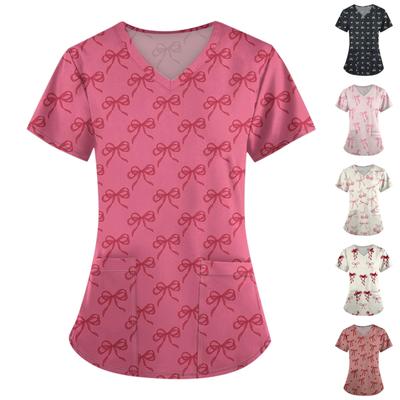 Women's Fashion Bow Printed Short Sleeve Overalls With Pocket Tops  Clothes