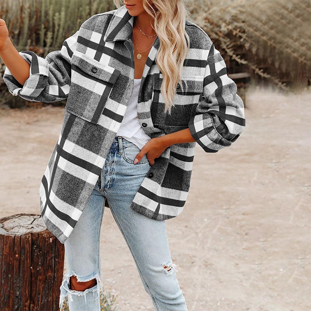 Damen-Hemden mit gebürstetem Karomuster, langärmlig, Flanell, Revers, Knopfleiste, Taschen, Shacket-Jacke, Mäntel