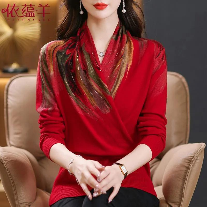 

Женский осенне-зимний темпераментный и элегантный свитер с перекрестным воротом для людей среднего и пожилого возраста с длинным рукавом и V-образным вырезом, удобная нижняя рубашка XS красный