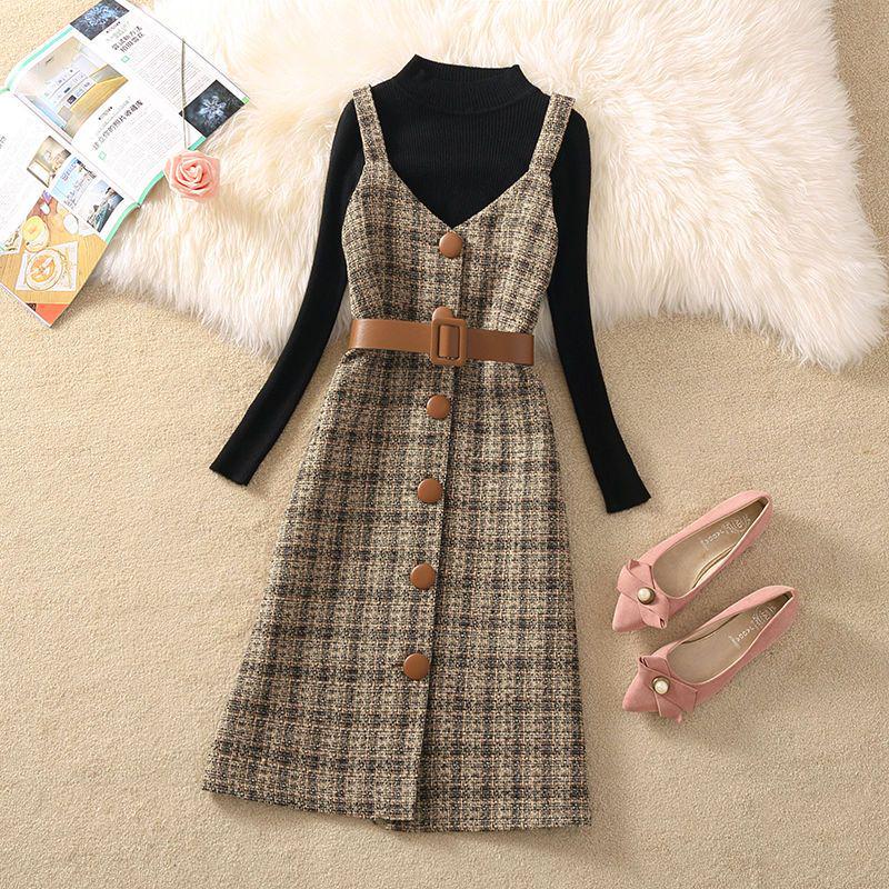 Women's 2023 Retro Wool Plaid Sweater Dress Suit: Trendy Autumn/Winter Two-Piece Set