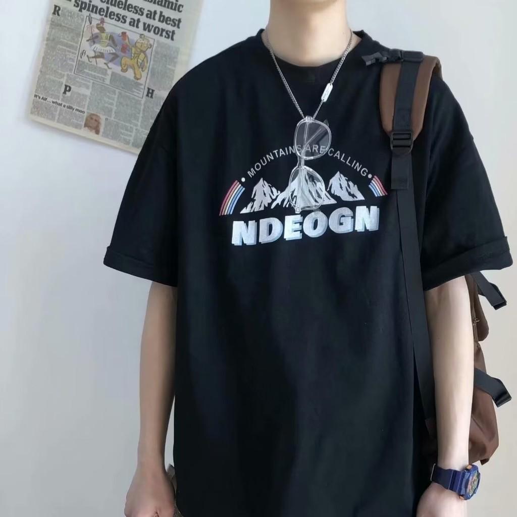 

M-8XL Men Oversized Korean Fashion Loose American Vintage mountain range Print Short Sleeve Round Versatile Trend Couple outfit 4XL