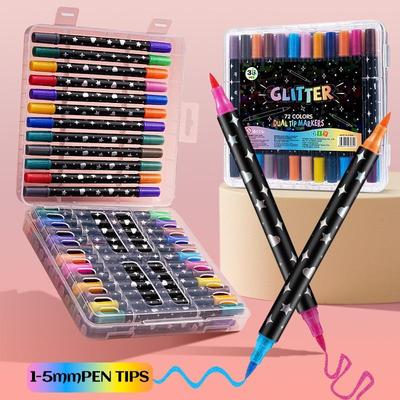 Marcador Dupla Cor com Glitter: Caneta Aquarela Perolada de Ponta Macia e Grossa, com Duas Pontas, para Estudantes