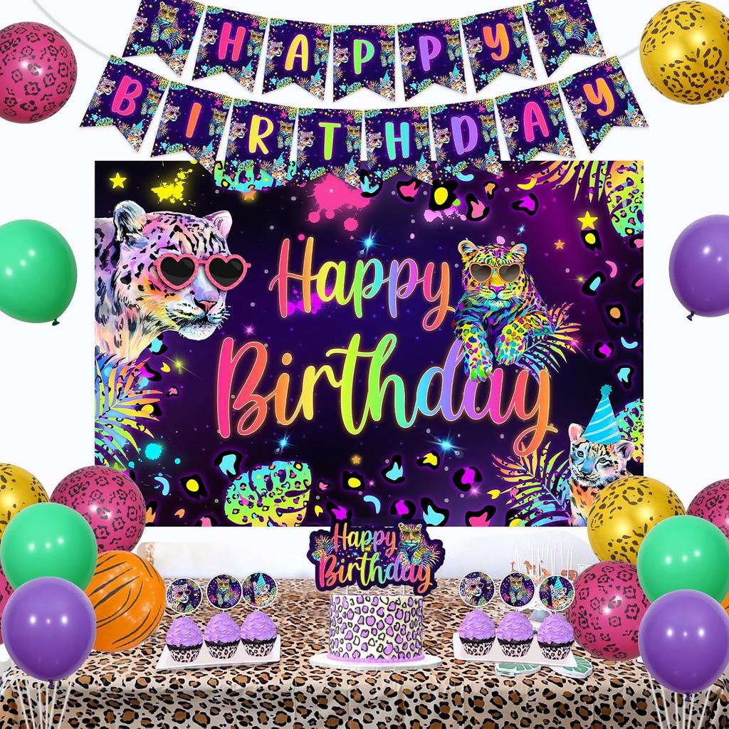 Cheereveal Rainbow Cheetah Birthday Decorations for Boys Girls - Leopard Print Happy Birthday Backdrop, Cheetah Wild Cake Cupcake Toppers, Jungle