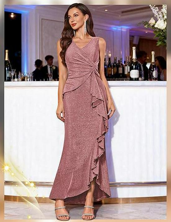 Vestido de Noche Europeo Elegante para Mujer 2025 con Lentejuelas, Cuello en V y Abertura