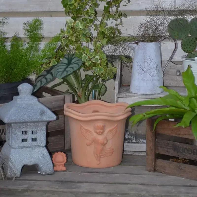 Pottery Clay Breathable with Drainage Holes Flower Pot Relief Home Furnishings Garden Plant Garden Supplies Personality Vases