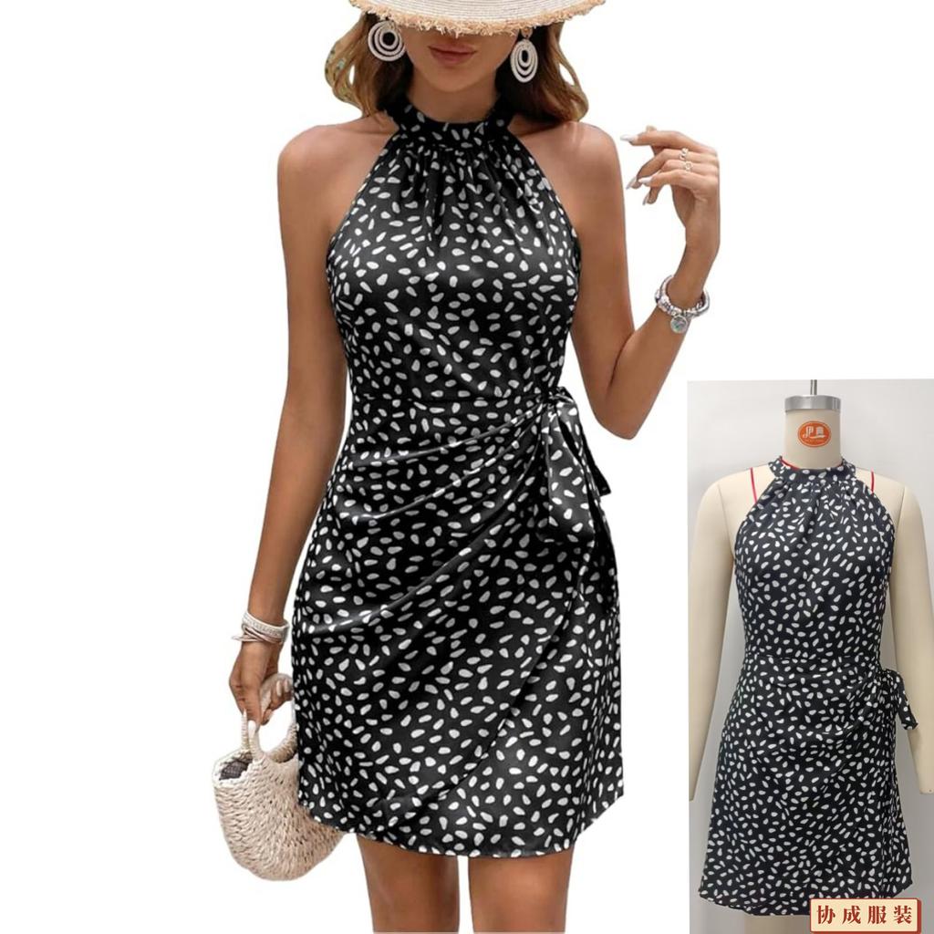 Spring Summer Women Halter Neck Sleeveless Dress Floral Printed Slim Fit Bandage Dress A Line Short Dress