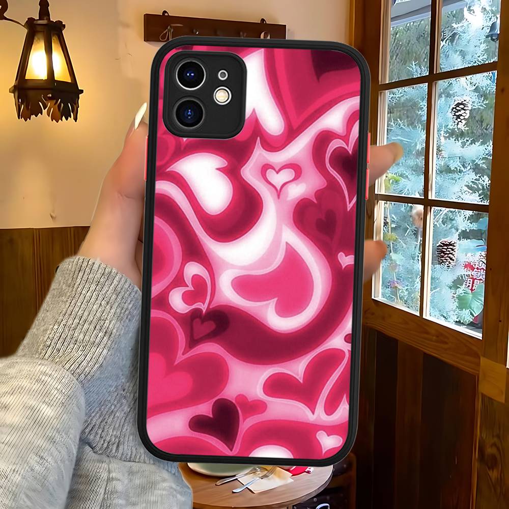 INS Style Pink Heart Phone Case For IPhone 14 X XR XS 7 8 Plus 11 12 13 Pro MAX 13mini Matte Shockproof Case