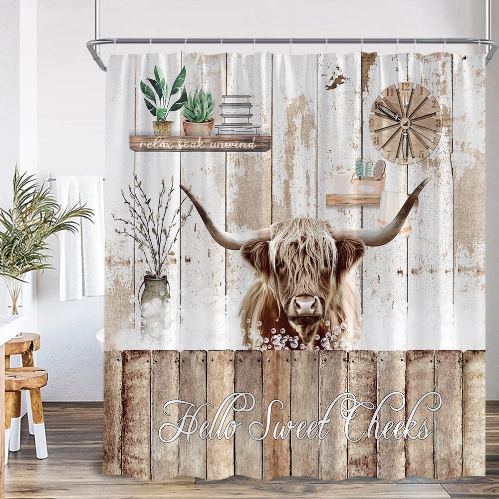 Farm Animal Print Shower Curtainh Funny Highland Cow Donkey Pig Horse Floral Vintage Wooden Plank Fence Retro Bathroom Curtain