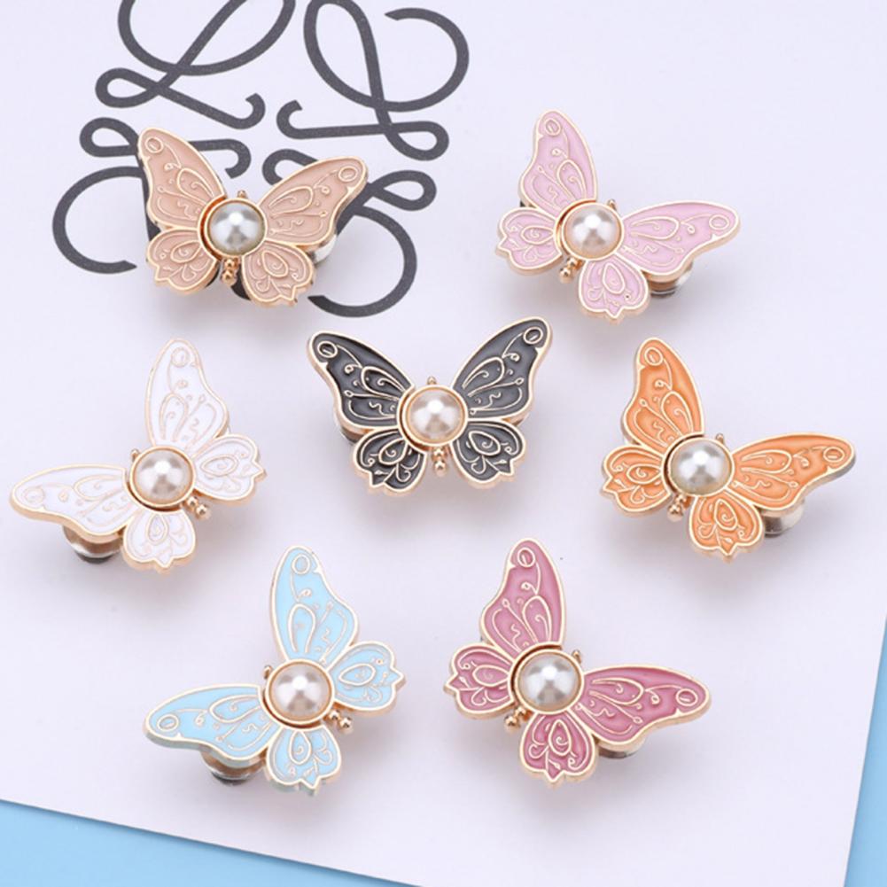 Reusable Clothing Fasteners Rugged Metal Pants Clamps Metal Waist-closing Buttons with Butterflies Shape Faux Pearls for Diy