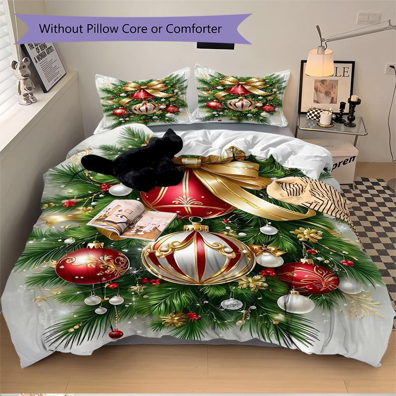 3pcs Elegant Christmas Ornaments Pattern Bedding Set, 1* Cover + 2*Pillowcases, Printed Bedding Set, Soft and Comfortable, Suitable for Bedr