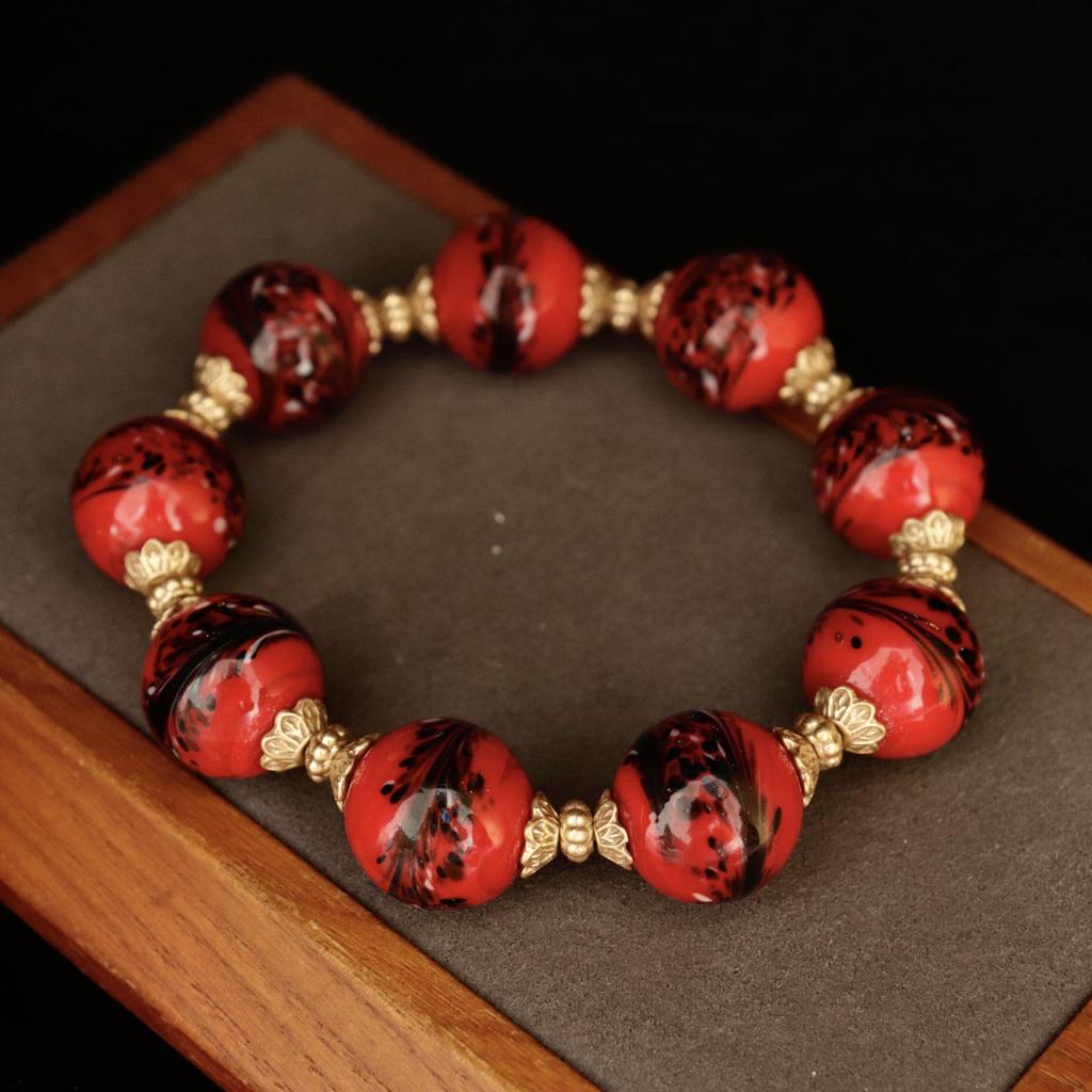 Vintage Red Frog Skin Glass Bead Earrings & Retro Bracelet Necklace Set