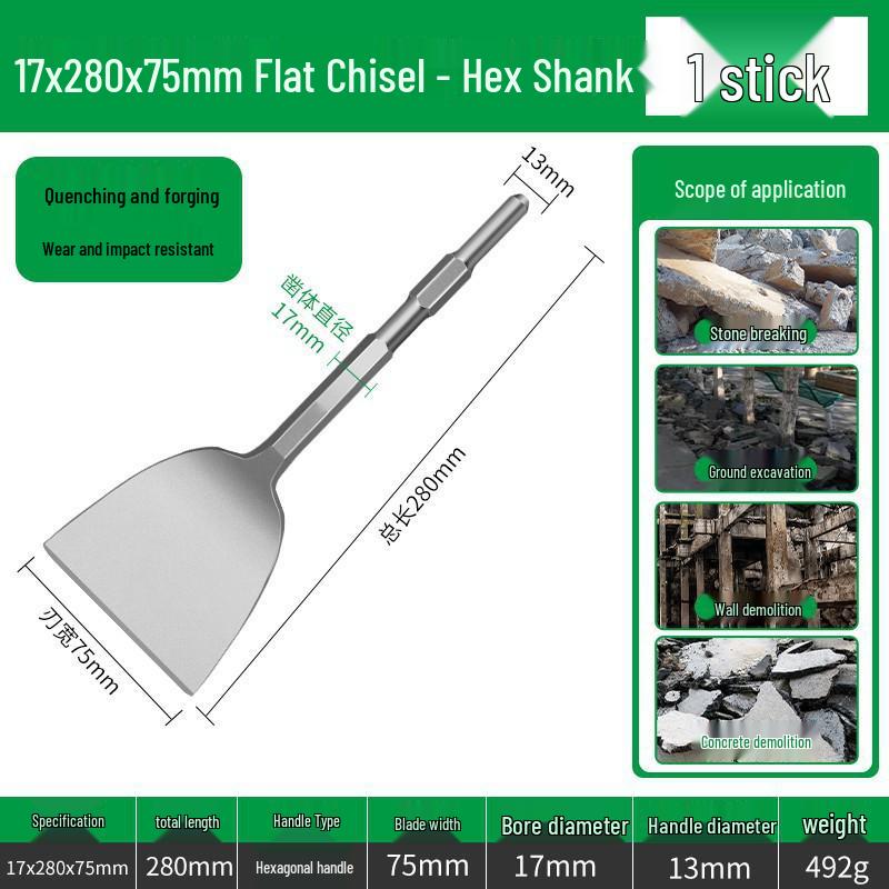 Ultra-Thin Electric Hammer Drill Bit Set: Square, Round, and Hex Shank with Flat & Pick Chisels for Slotting, Shoveling, and Wall Piercing Tasks