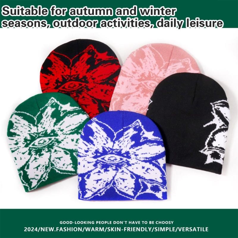Unisex Jacquard Eye Flower Pattern Knitted Beanies Hat Fashionable Winter Warm Hiphop Bonnet Skull Hat for Men and Women