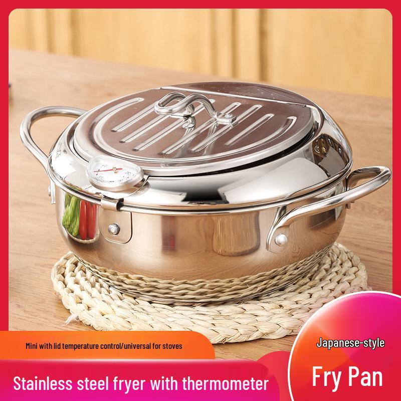 304 Stainless Steel Tempura Frying Pot with Double-Bottom, Oil-Saving, Temperature Control, and Thermometer for Gas and Induction Cookers
