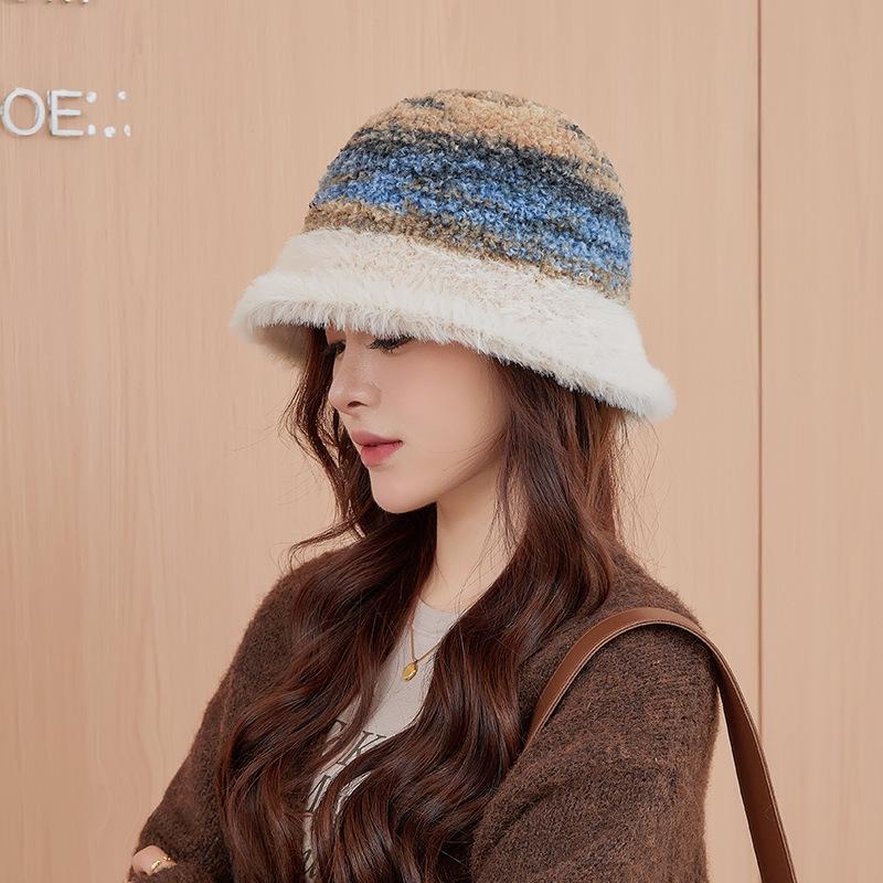 New warm ear protection bucket hat women's plush gradual change color matching basin hat autumn and winter wool knitted versatile bucket hat