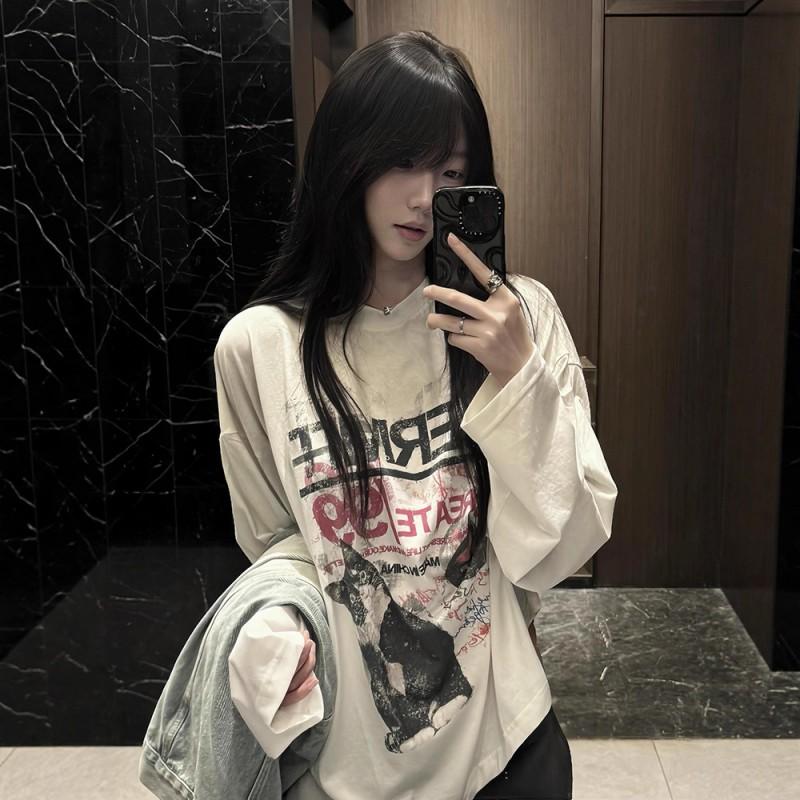 Oversized Cotton Long Sleeve T-Shirt Women Plus Size Cartoon Cat Print Loose Fit Casual Top Fall