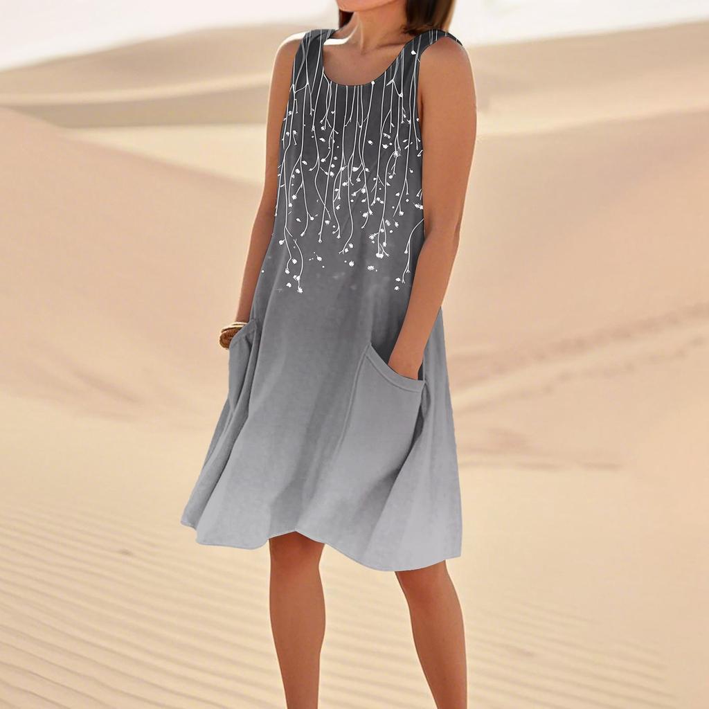 Print Dresses For Women Loose Beach Vacation Casual Sleeveless Sundresses With Pockets Tank Dress