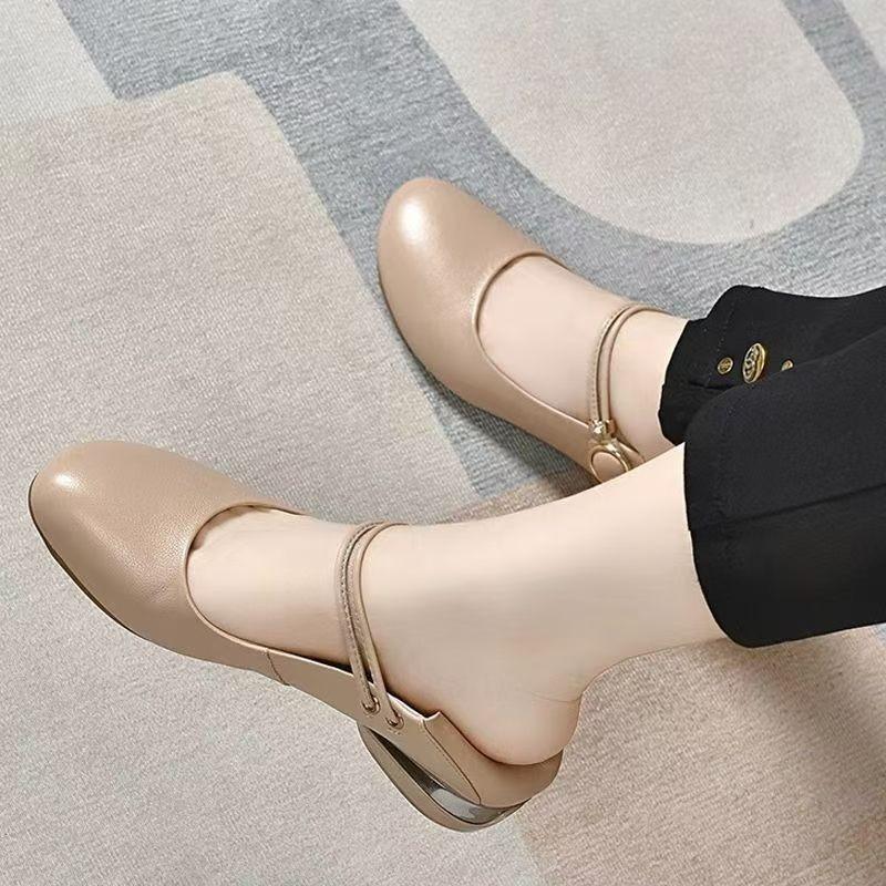 Soft Leather Single Shoes Women's Spring and Summer New Shallow Mouth Flat Bottom Low Heel Women's Leather Shoes Soft Sole Women's Shoes Summer Shoes