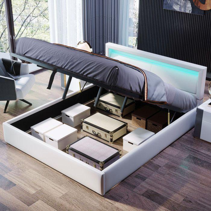 Upholstered Bed - MUVOE - 140x200 Cm - LED - Faux Leather - Headboard 80 Cm