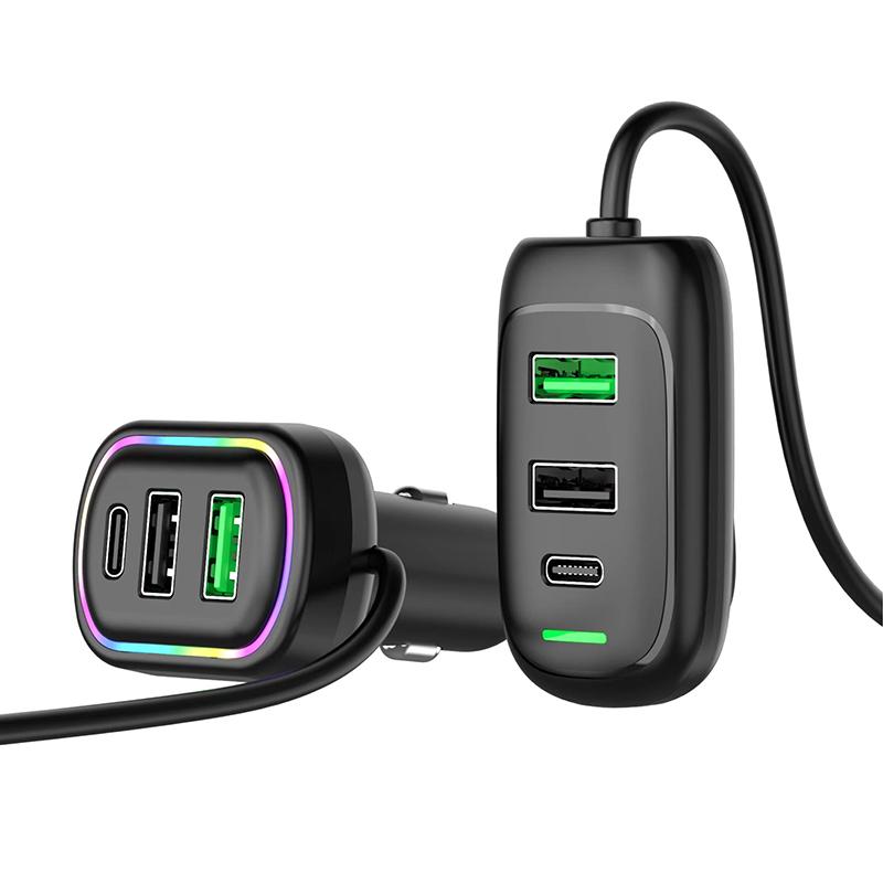 6-Ports Usb Type-C Front And Rear Extension Car Charger With Rgb Light Pd Fast Charging Power Adapter For Iphone Tablet Laptop