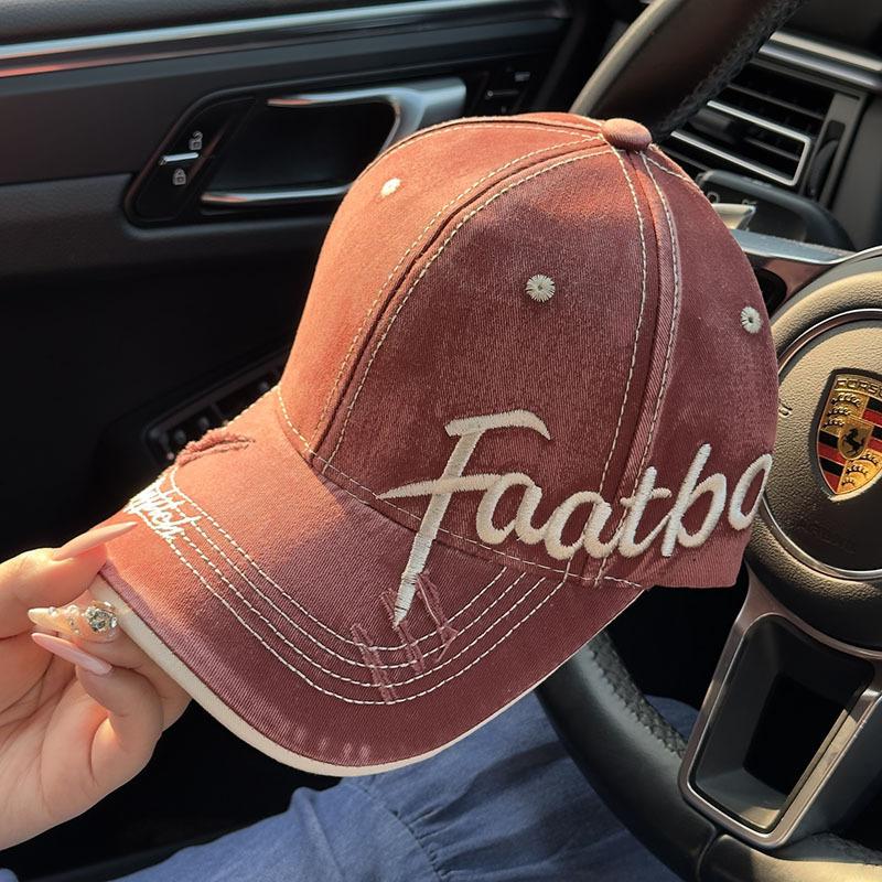 Wine Red Washed Distressed Baseball Cap Faatbo Cursive Letter Embroidery Contrast White Stitching Frayed Vintage Streetwear Dad Hat Unisex Sun Hat