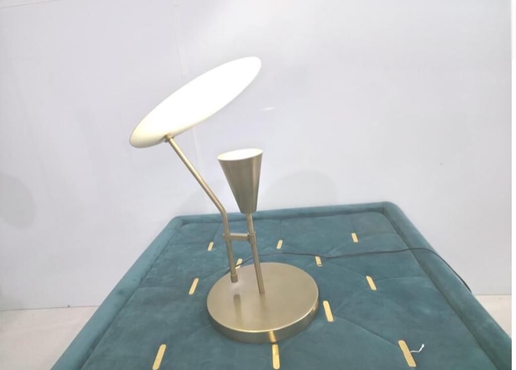 Mid-Century Italian Raw Brass and White Table Lamp Bedroom & Office Lighting Reflector Light