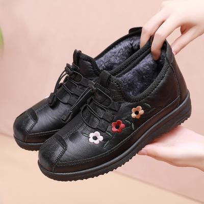 Warme Winter-Fleece-gefütterte Damen-Blumenschuhe für Mütter mittleren Alters, rutschfeste Baumwollschuhe mit weicher Sohle, flache wasserdichte Thermoschuhe für Großmütter