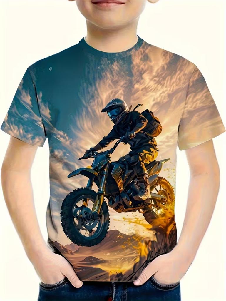 Chlapecké tričko s motorkářem 3D tištěné tričko pro chlapce 2-10 let Krátký rukáv Top pro miminka a děti Letní trendy Street Dětský top