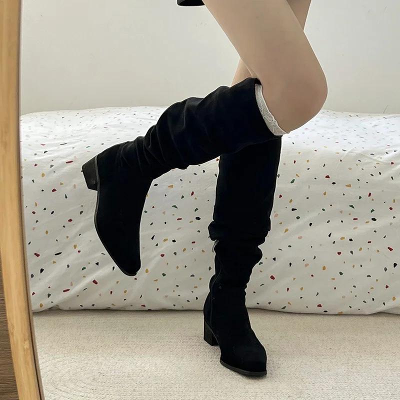 Vintage Stretch Women Knee High Boots Fashion Pleated Long Booties Ladies Casual Low Heel Shoes