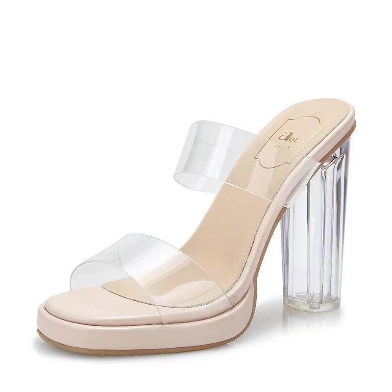 High heels women's summer new waterproof table word belt not tired feet thick heel crystal slippers women's sandals women's shoes