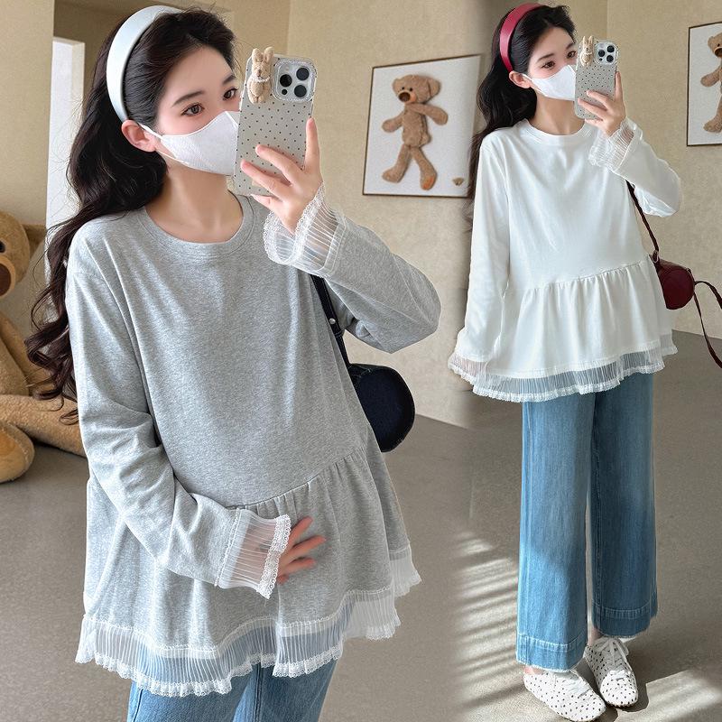 

Versatile Lace Patchwork Long Sleeve Maternity T-Shirt Extra Large серый