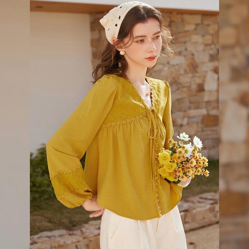 Sweet V-Neck Lace-Trim Long-Sleeve Blouse S