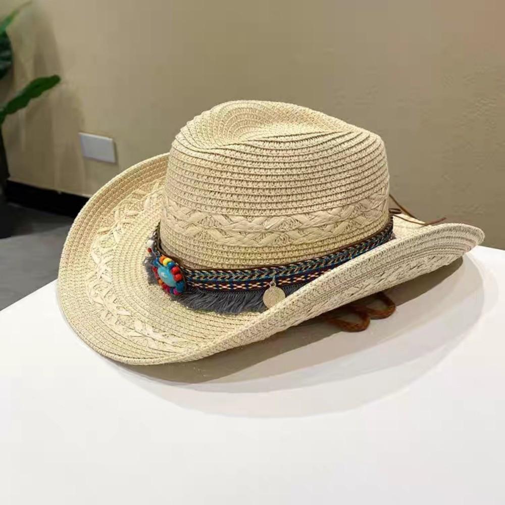 with Wind Lanyard Straw Cowboy Hat Wide Brim Panama Sun Hat Fashion Beach Hat Vacation