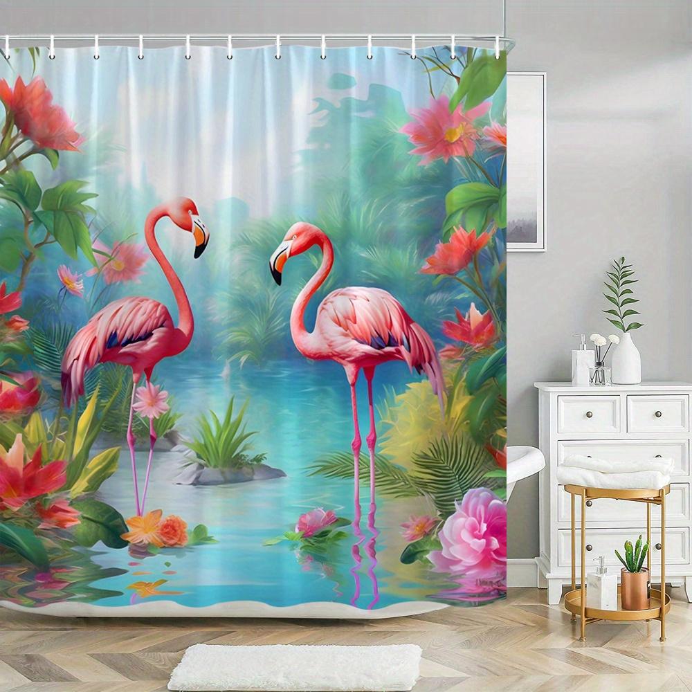 1pc Extra Large Tropical Flamingo Shower Curtain - Jungle Bathroom Decor with Pink Flamingos, Turquoise Pond Easy Maintenance 90X180CM