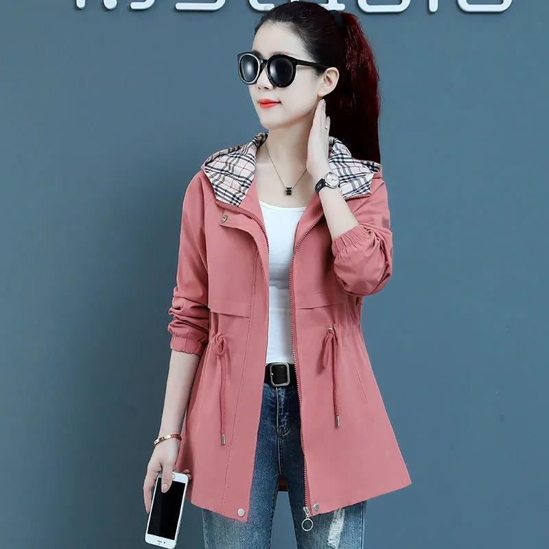 

Женская куртка-тренчкот корейская весна-осень свободные длинные рукава короткие пальто женская ветровка с капюшоном верхняя одежда топы XL