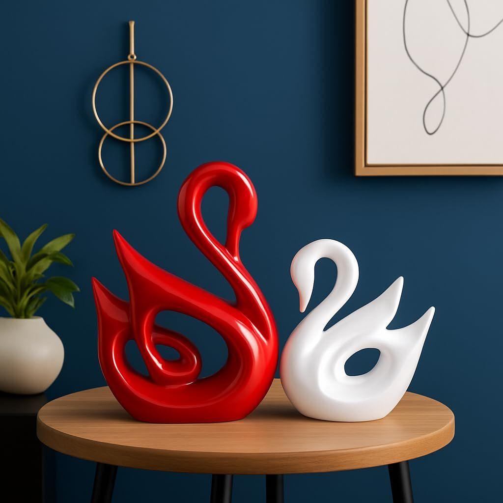 Lucky Swan Couple Piano Finish Ceramic Figures for Home Decor (Set of 2 Pc, Large, White & Red)