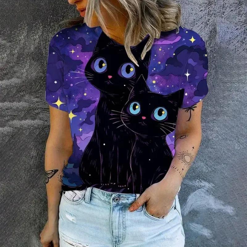 Tricou Elegant de Damă 2024 Fashion Imprimeu Model Pisici Tricou Popular de Damă cu Mânecă Scurtă Tricou de Vară Supradimensionat