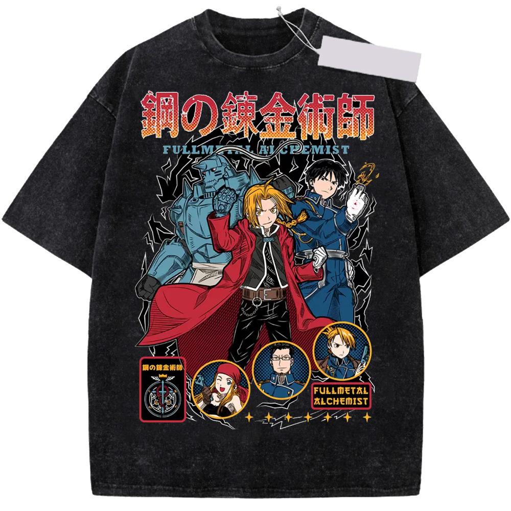 Fullmetal Alchemist Anime Edward Elric Wash Cotton T-shirt Summer Cartoon Roy Mustang Alphonse Elric short sleeve Tshirt Unisex