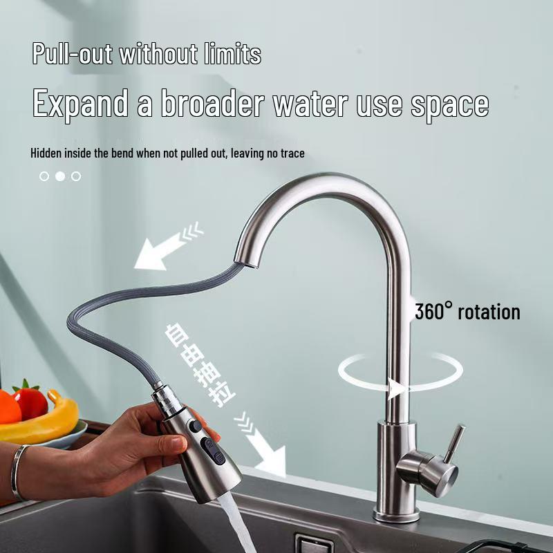 Stainless Steel Telescopic Rotatable Pull-Out Kitchen Faucet with Dual Water Outlets
