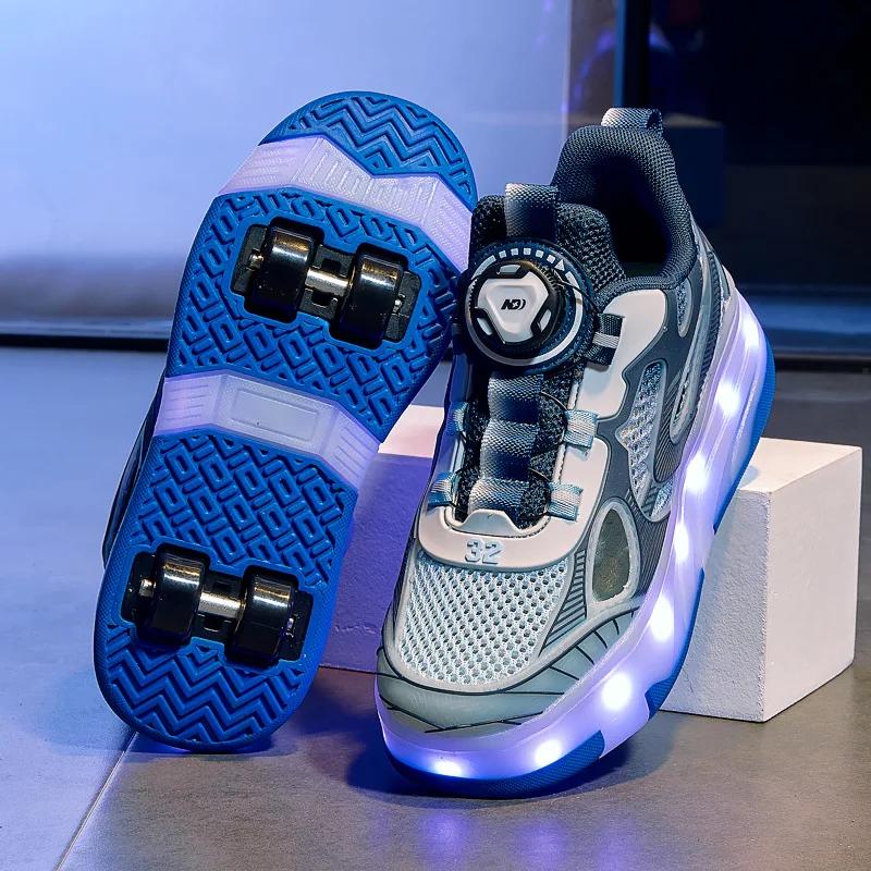 Summer Breathable Shoes with Wheels Can Be Walked or Slid Wheel Shoes Sneaker Children's 4 Wheel Detachable Roller Skates Shoes