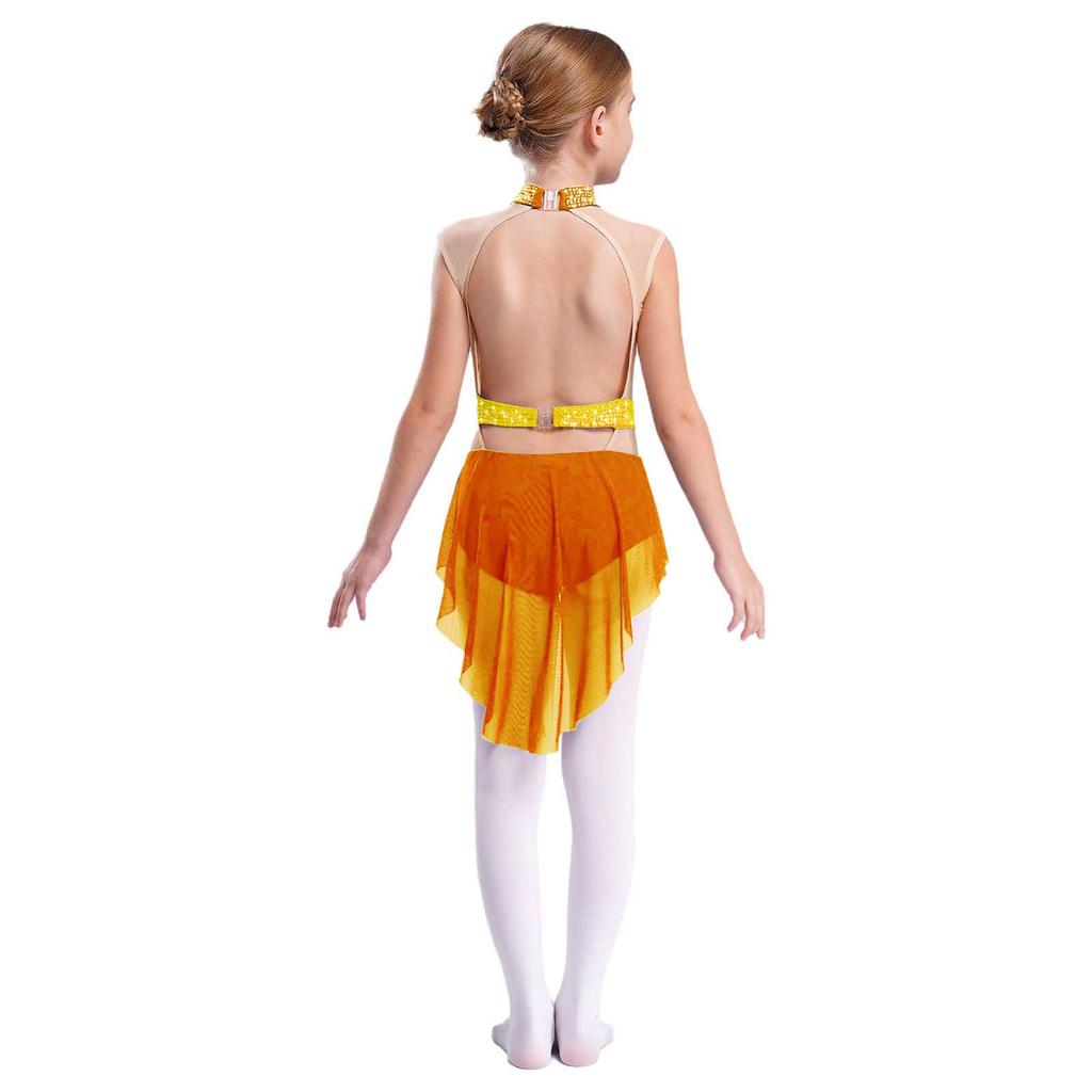 Mädchen Performance Turnanzug Stehkragen Ärmelloser Stil Glänzende Strasssteine Farbblock Mesh Rocked Body