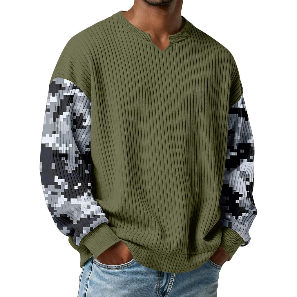 Men's Camouflage Stylish V-Neck Ribbed Textured Long-Sleeve T-Shirt