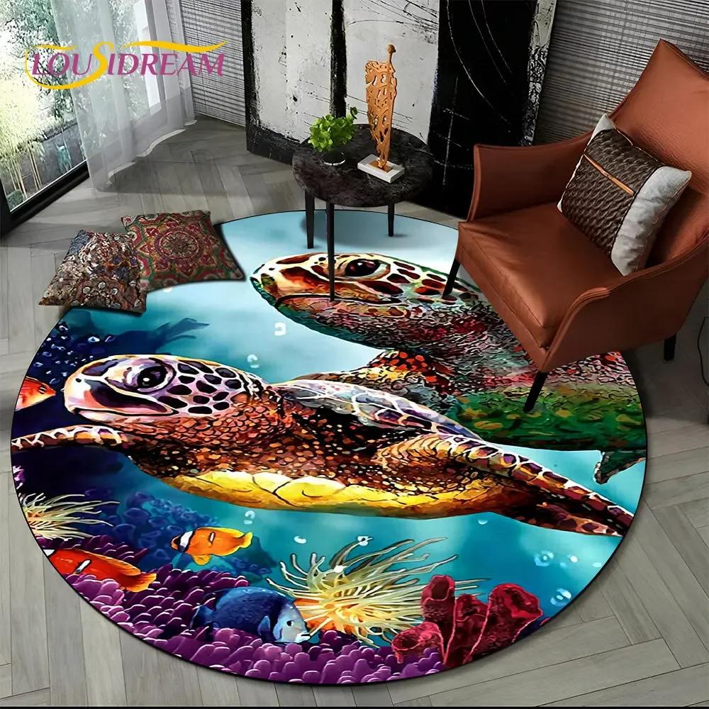 Unterwasserwelt Runder Bereichsteppich–Delfin & Schildkröte Ozean Teppich für Wohnzimmer oder Schlafzimmer–Rutschfeste Bodenmatte, Kinder Spielzimmer Deko