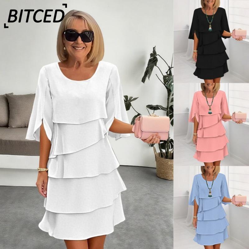 BITCED Mode Sommer Frühling Unifarbener Druck Kurzarm Rundhalsausschnitt Freizeitkleider Internationales Design