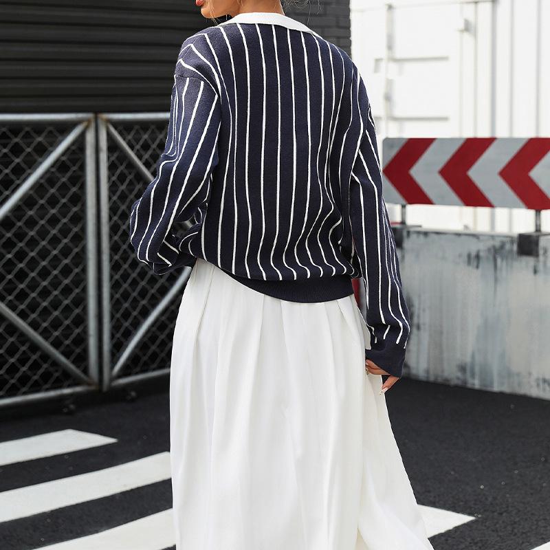Women's Fashion Casual Spring Fall Stripe Print Long Sleeve POLO Neck Blouses Shirts