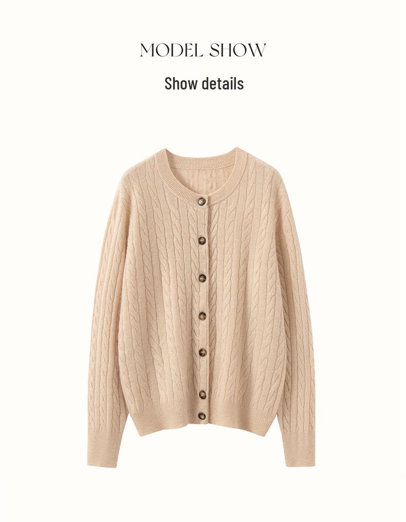 Women's Cashmere Cable-Knit Cardigan Sweater - Round Neck, Single-Breasted, Multi-Button, Loose Fit, Solid Color, Versatile Fall/Winter Style