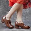 Johnature Genuine Leather Pumps Retro Round Toe Thick Heel Soft Sole Solid Color Versatile Women's Shoes